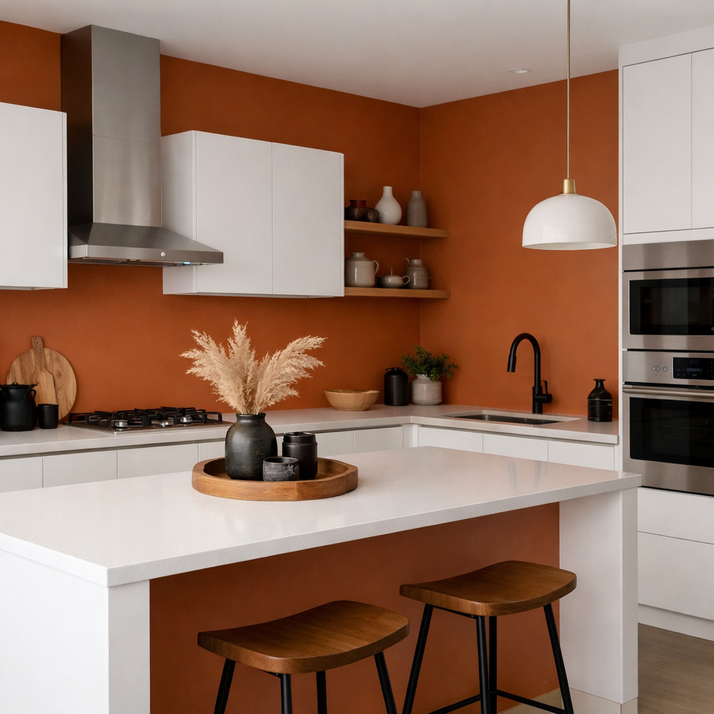 A modern kitchen with burnt orange walls and white cabinets, featuring natural decor elements.