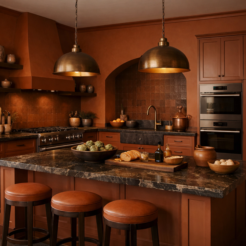 A stylish kitchen featuring burnt orange walls, dark countertop, and warm lighting.