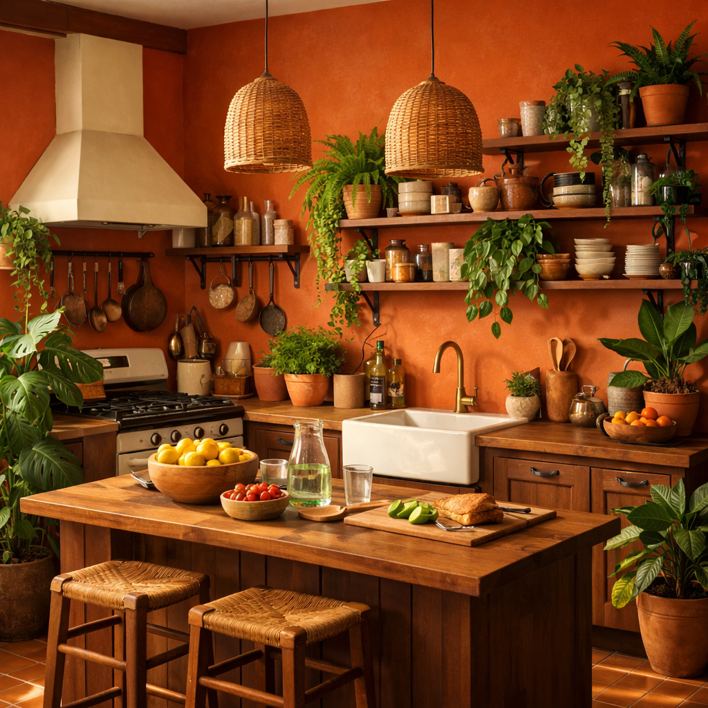 A warm kitchen with burnt orange walls, wooden furniture, and a variety of greenery enhancing the space.