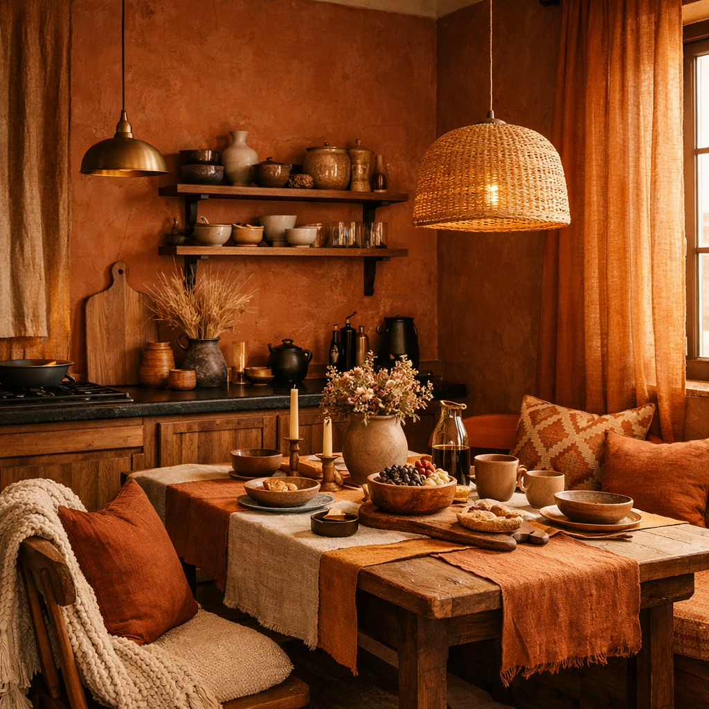 A cozy kitchen with burnt orange walls, wooden furniture, woven textures, and various kitchenware.