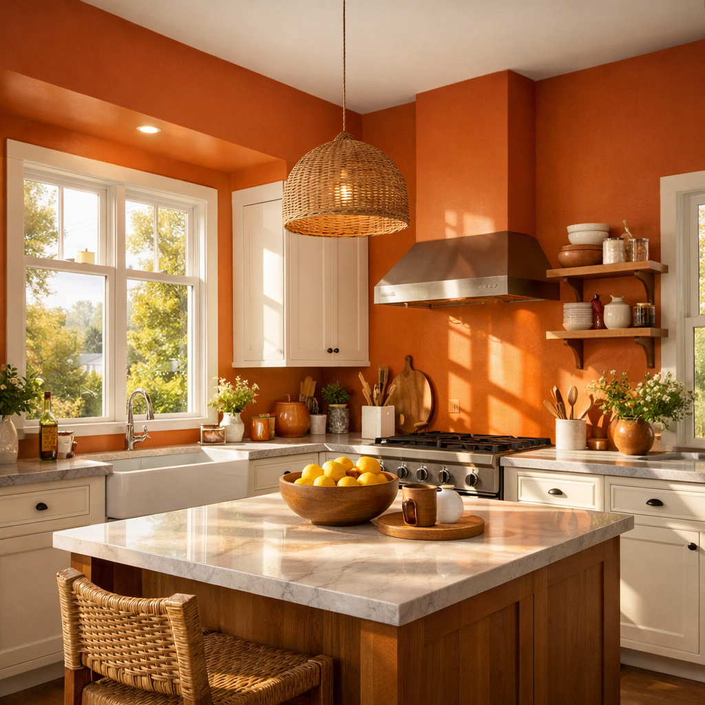 A beautifully designed kitchen with burnt orange walls, abundant natural light, and warm tones.