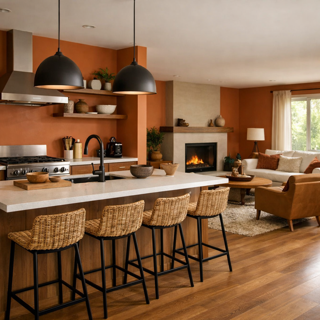 An open concept kitchen with burnt orange walls and stylish furniture.