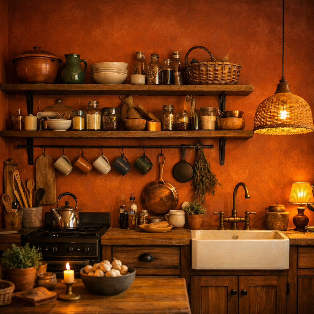 A rustic kitchen featuring burnt orange walls adorned with wooden accents, open shelves, and warm lighting.