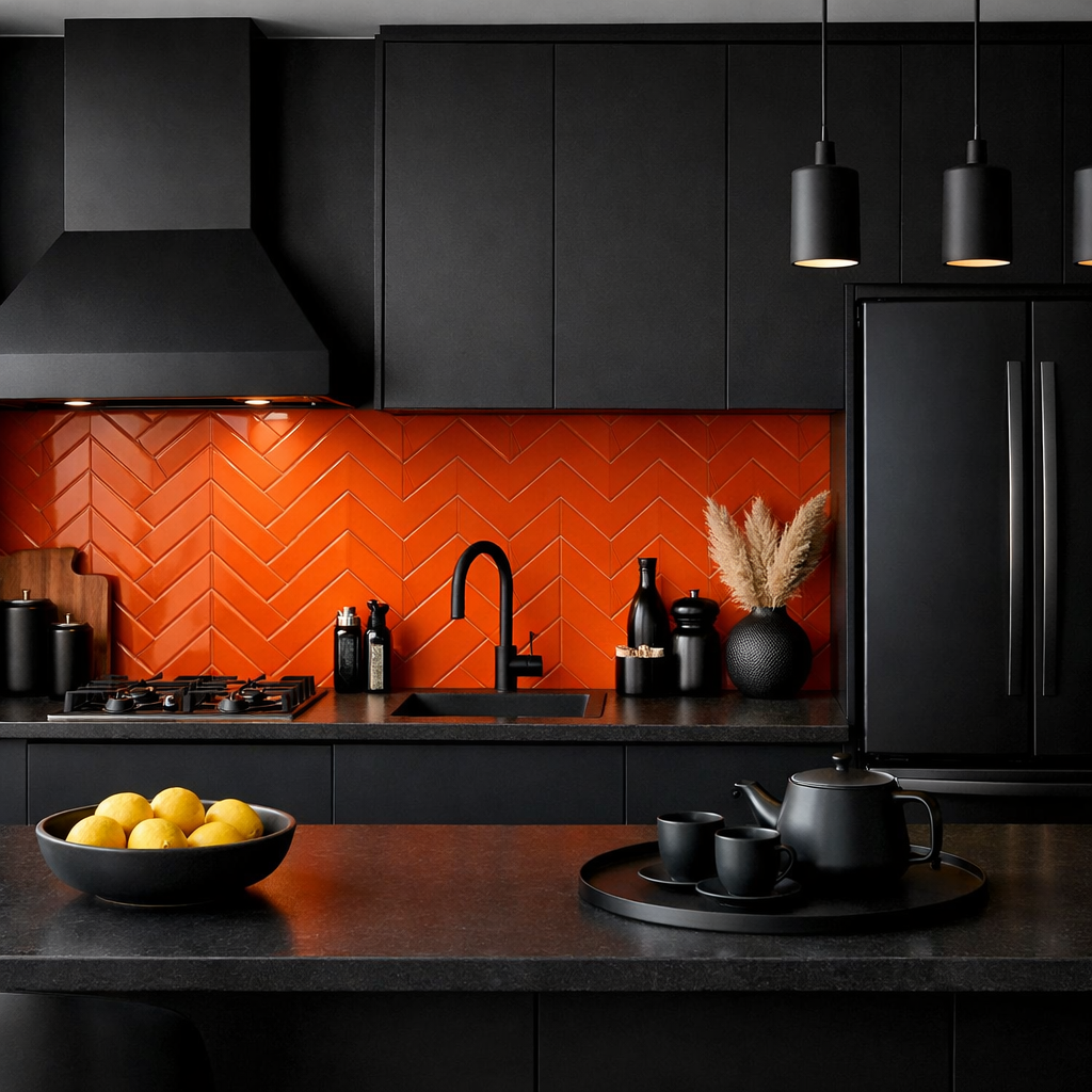 A modern kitchen featuring a bold orange chevron backsplash, black cabinetry, and stylish accessories.
