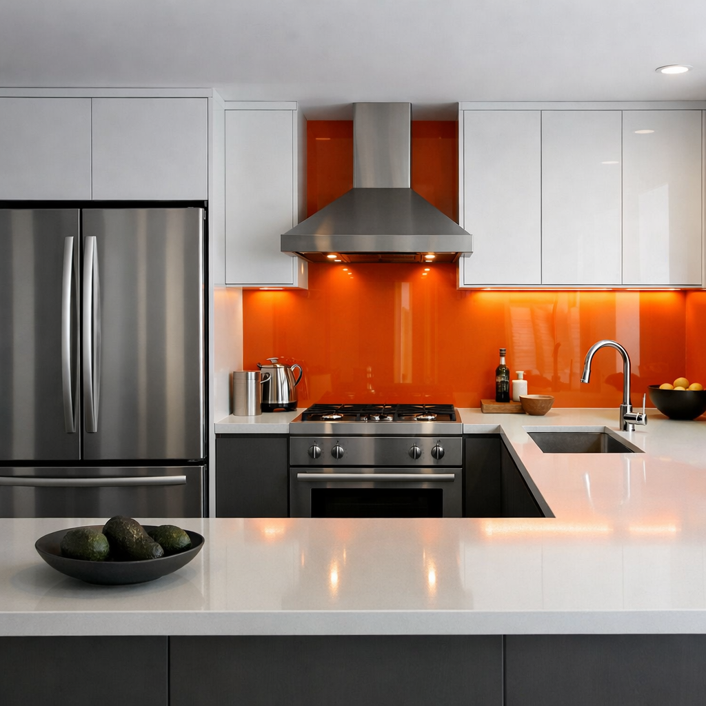 A modern kitchen featuring a glossy orange backsplash, grey cabinets, stainless steel appliances, and a white countertop.