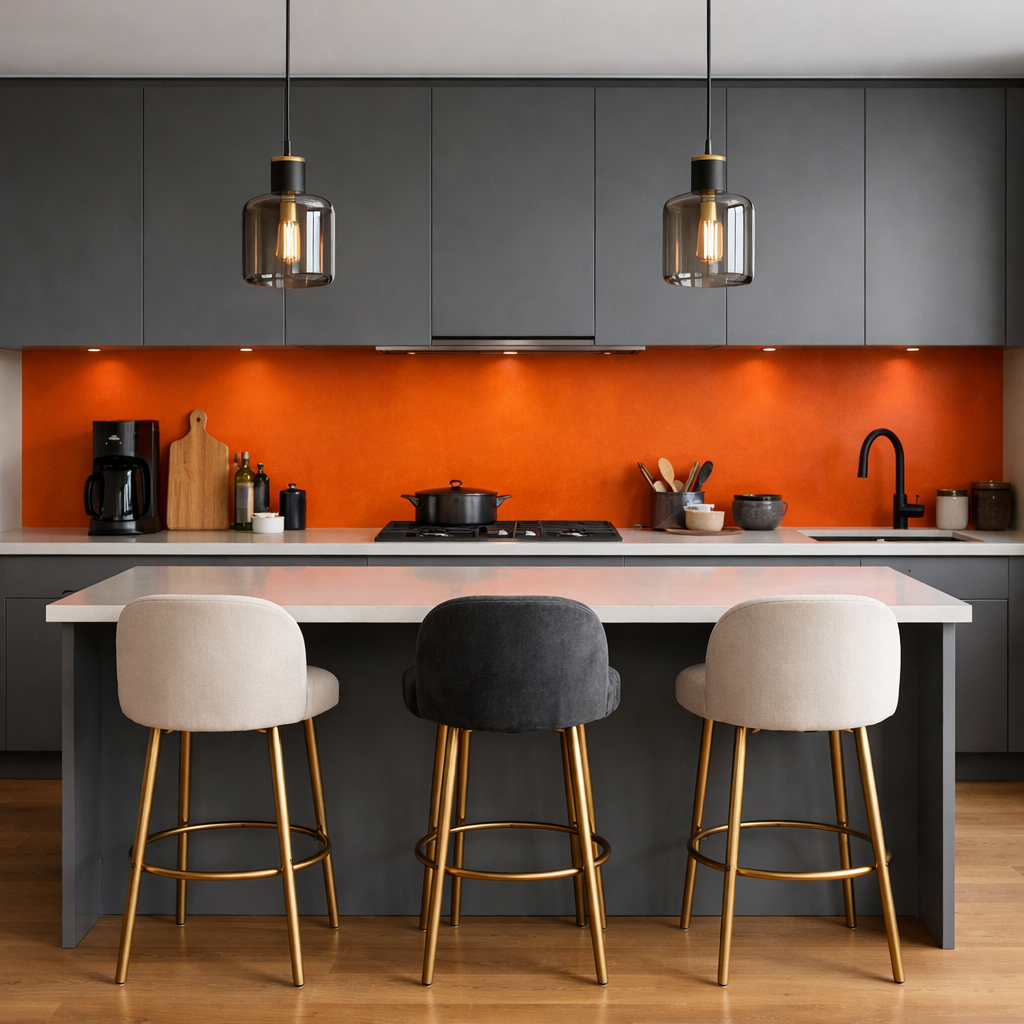Modern kitchen featuring orange backsplash with gray cabinets and gold-accented bar stools