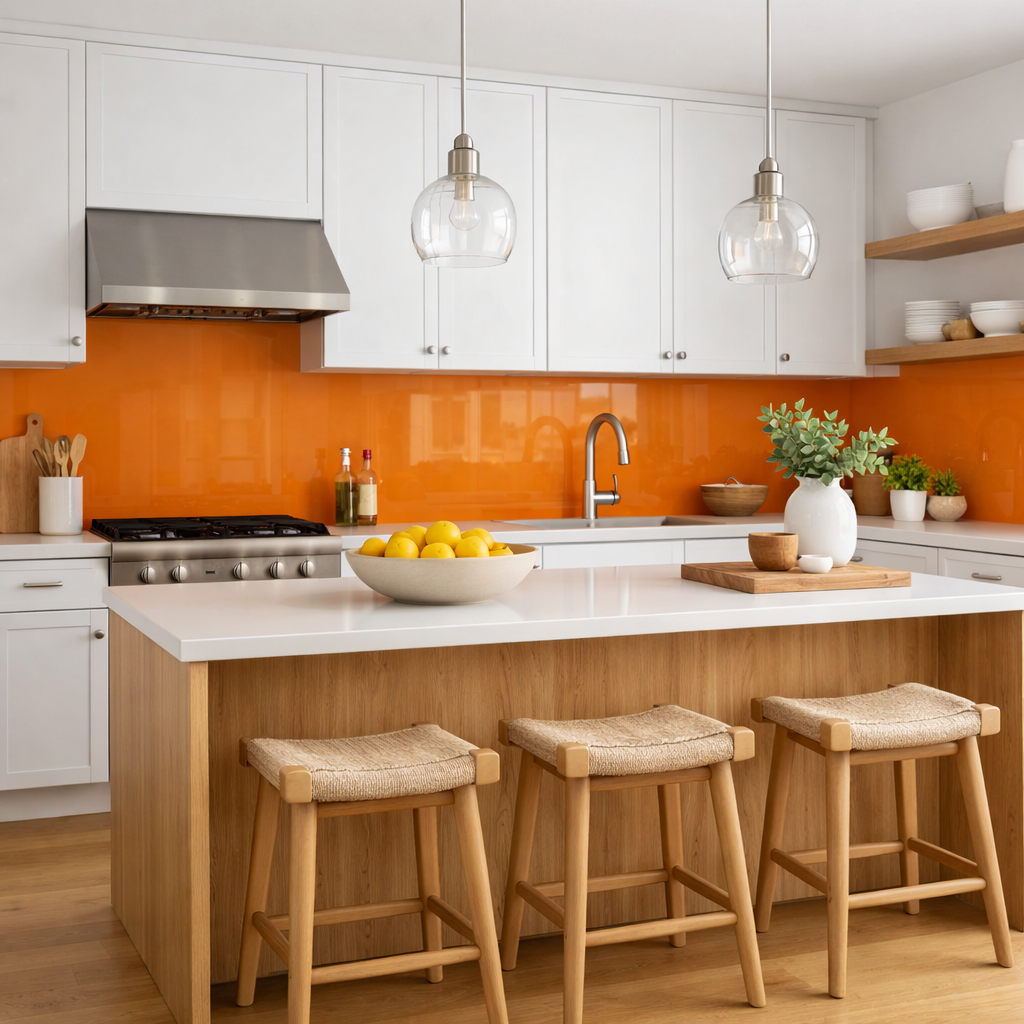 A modern kitchen featuring an orange backsplash, white cabinets, and natural wood elements.