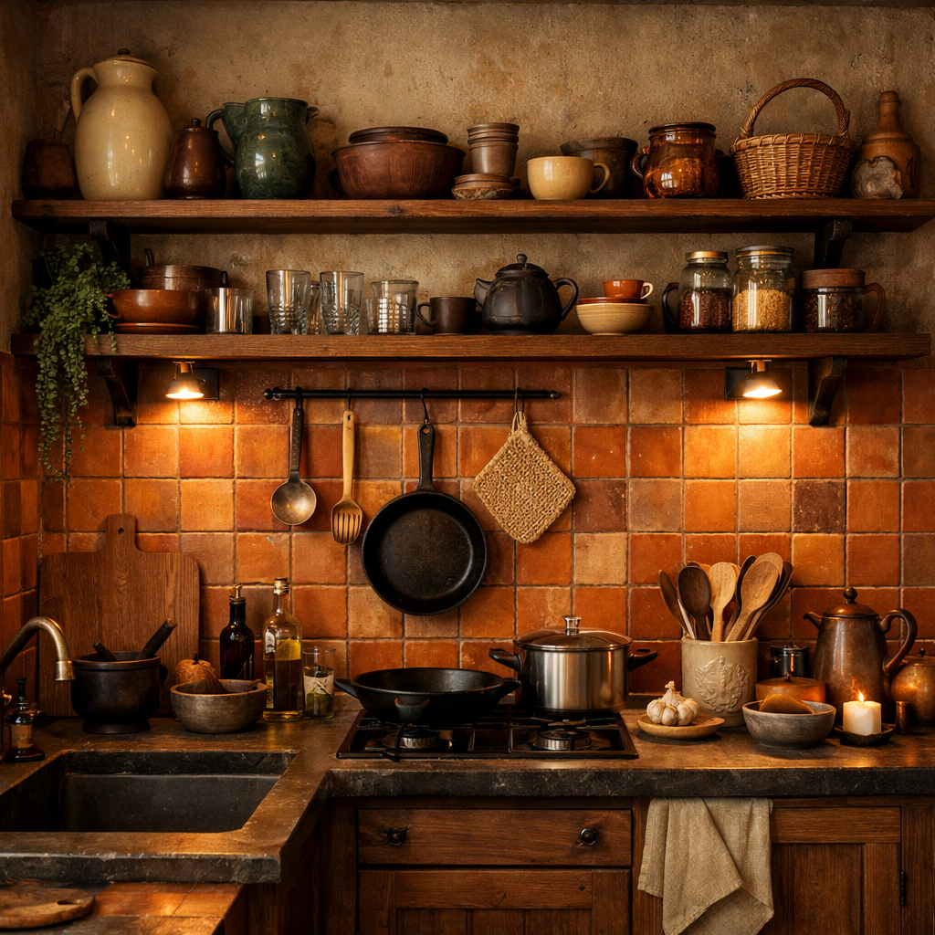 A rustic kitchen featuring orange tile patterns, wooden shelves, and vintage kitchenware.