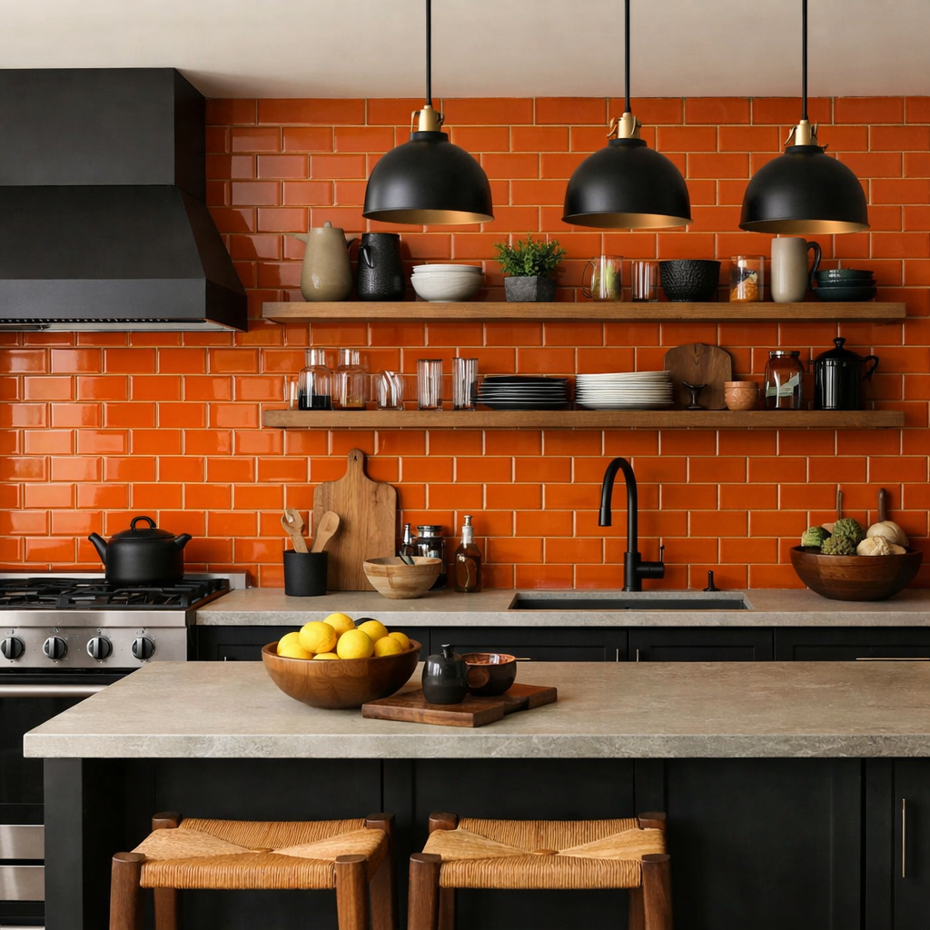 A stylish kitchen featuring orange subway tiles and black accents
