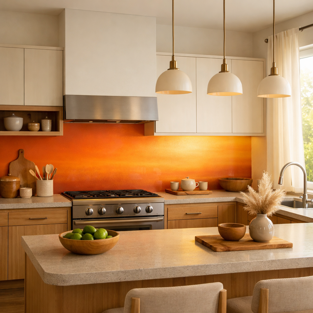 A kitchen with an orange gradient backsplash, showcasing a cozy and warm ambiance.