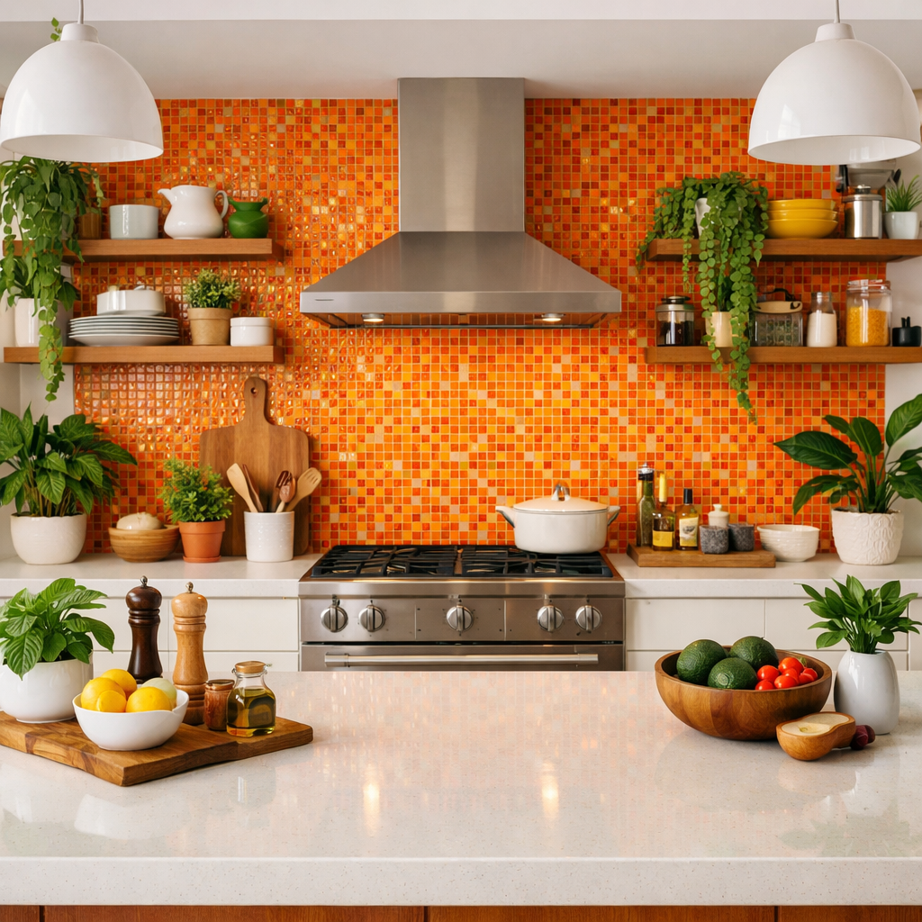 A bright kitchen with a textured orange mosaic backsplash, complemented by plants and kitchenware.