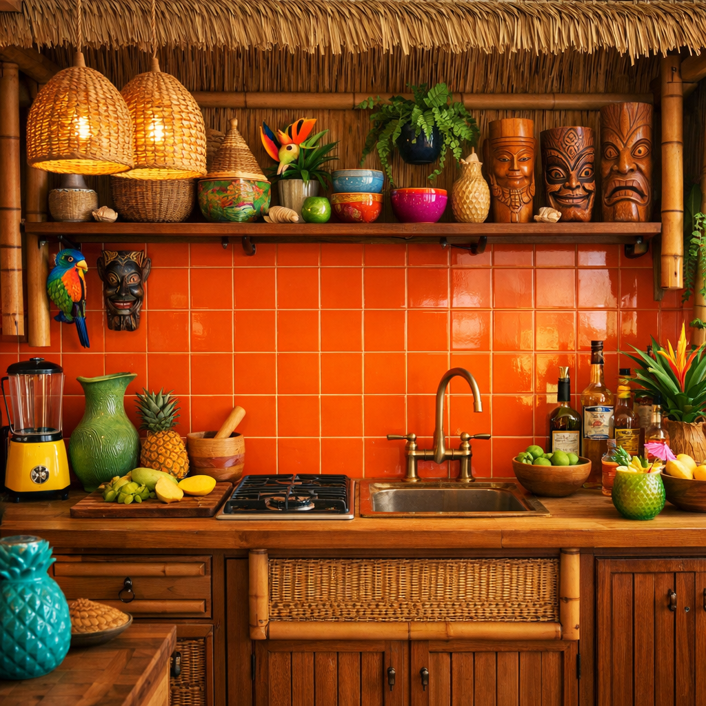 A tropical-style kitchen with orange backsplash, vibrant decor and fresh fruits.