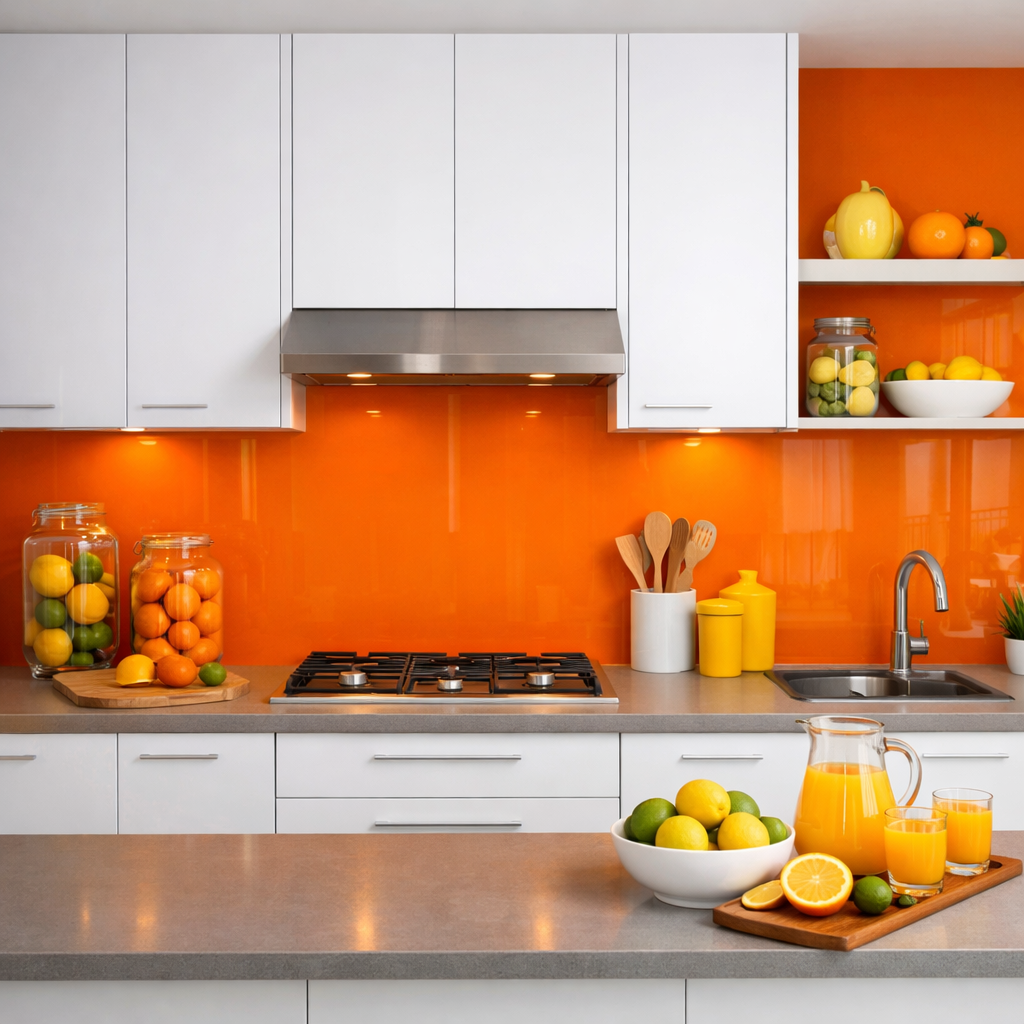 A modern kitchen featuring a vibrant orange backsplash with citrus fruits on the counter.