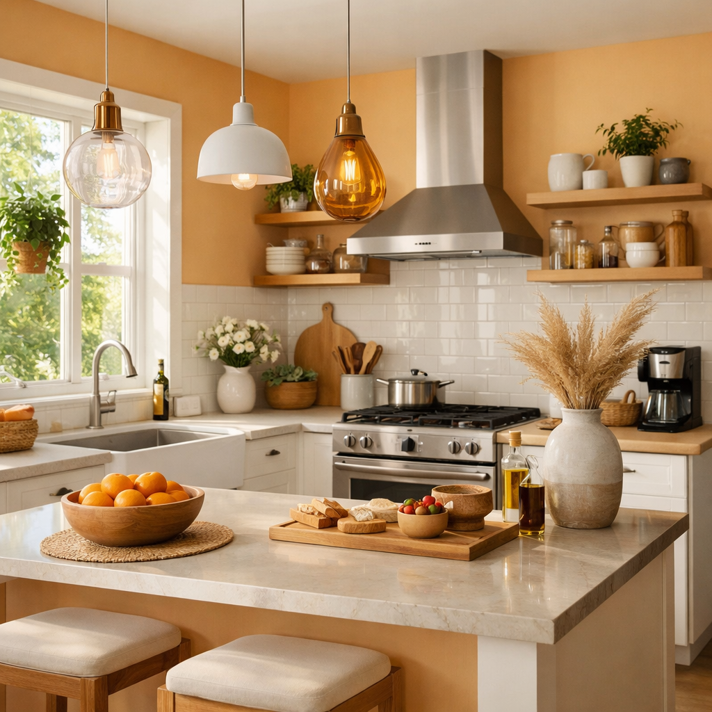 Bright kitchen with light orange walls, wooden shelves, and a cozy atmosphere.