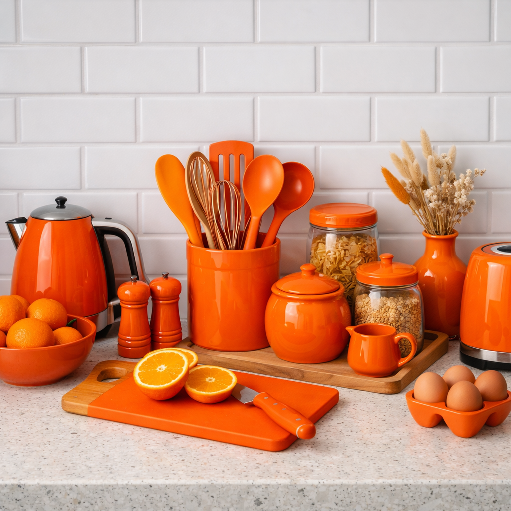 A kitchen countertop decorated with bright orange kitchen accessories, including utensils, containers, and fresh oranges.