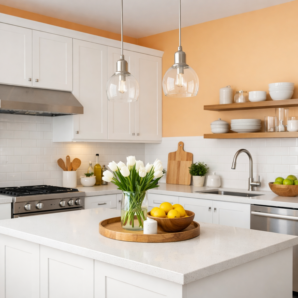 A light orange kitchen with white cabinets, featuring a kitchen island with lemons and flowers.