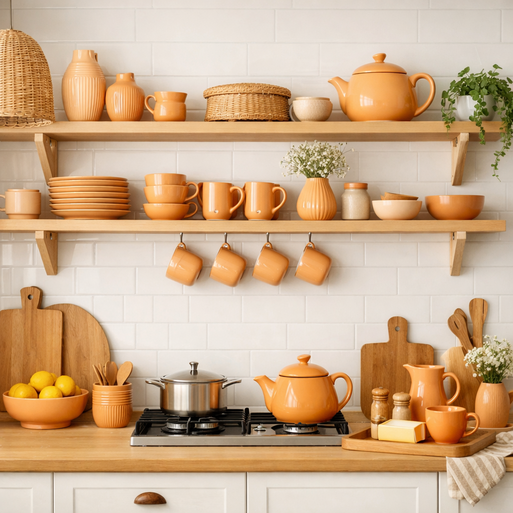 A beautifully arranged open shelving unit in a kitchen featuring light orange dishes, mugs, and decorative elements.