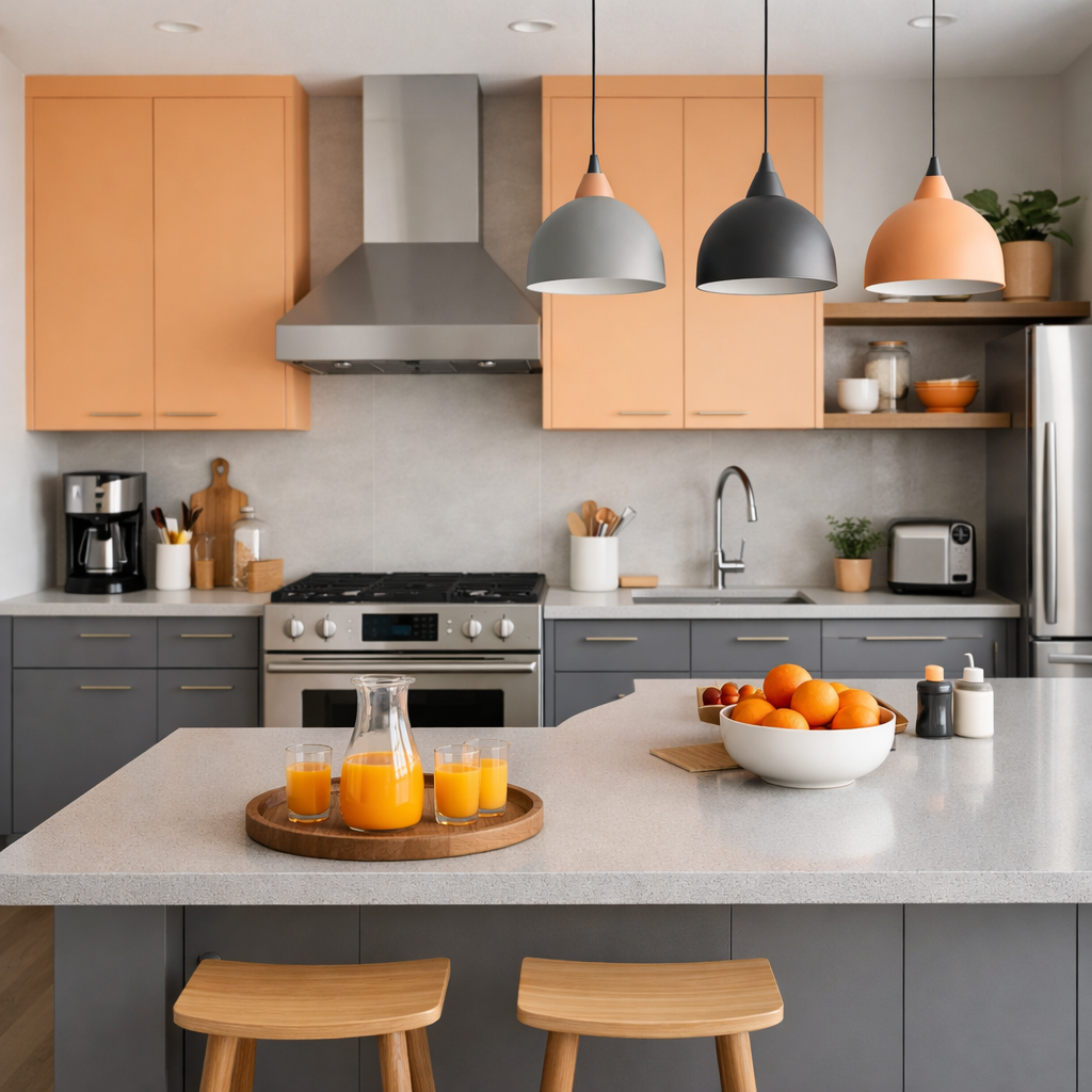 A modern kitchen with light orange cabinets, gray bases, and fresh orange juice on the countertop.