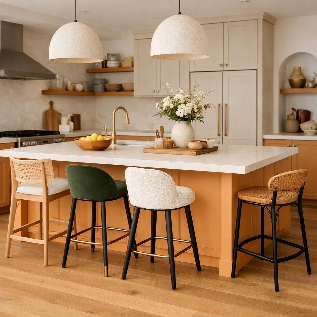 A light orange kitchen island with various stools, featuring a marble countertop and floral centerpiece.