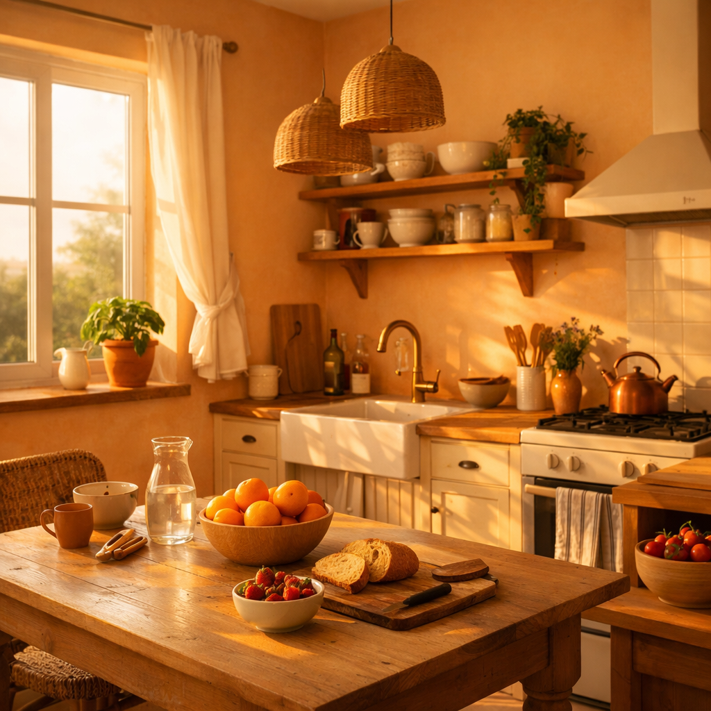 Cozy kitchen decorated in warm orange tones with natural light, showcasing fruits and rustic decor.