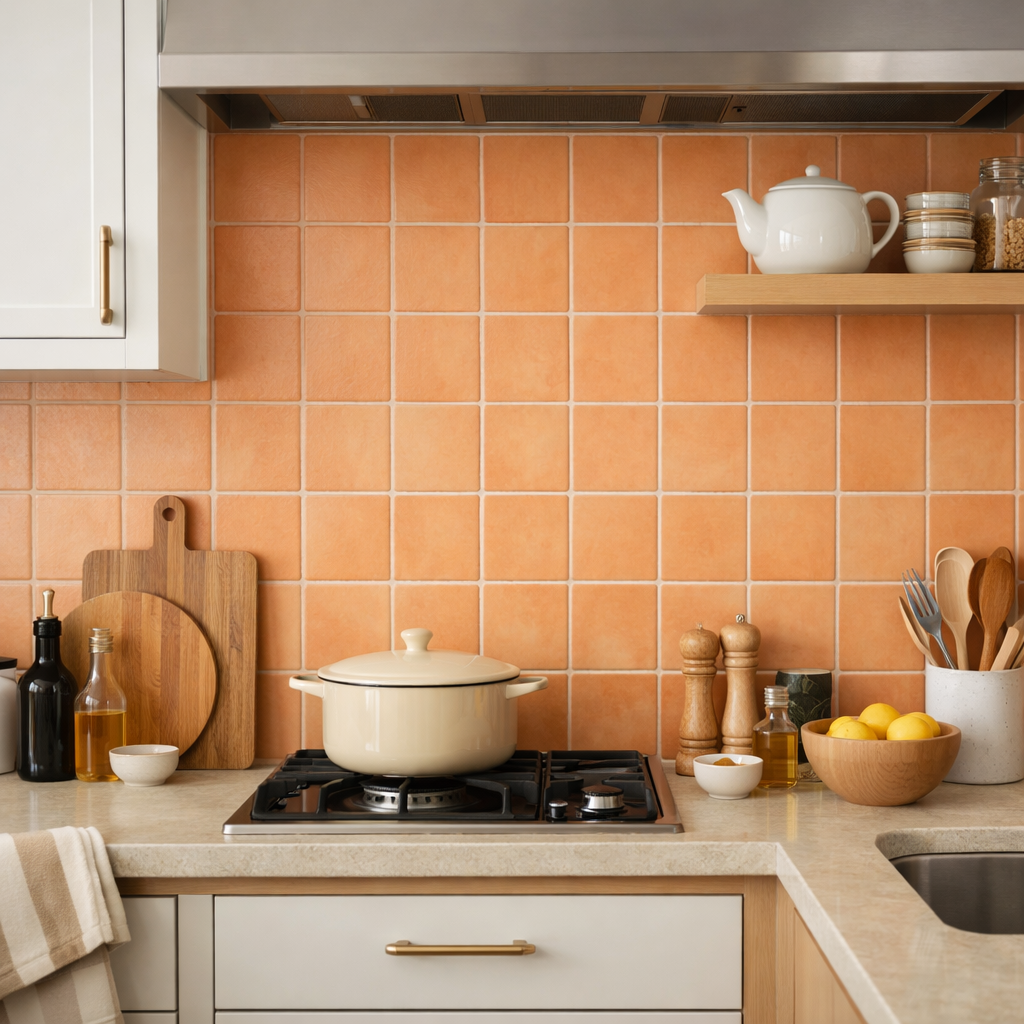 A kitchen featuring a soft orange tile backsplash with neutral cabinets and countertop.