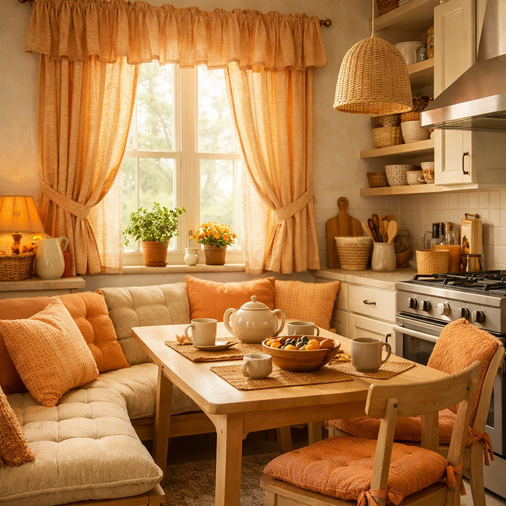 A cozy kitchen with light orange textured fabrics, featuring curtains, cushions, and a dining table.