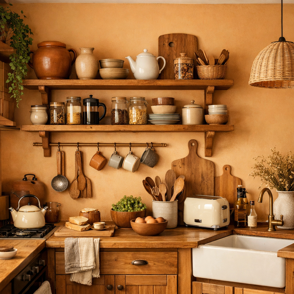 Warm wood accents in a light orange kitchen with shelves, jars, and utensils