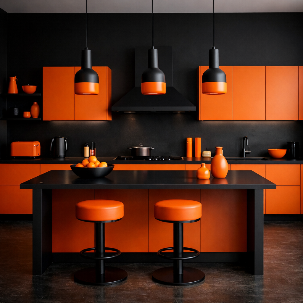 A modern kitchen featuring bold orange cabinets and black accents