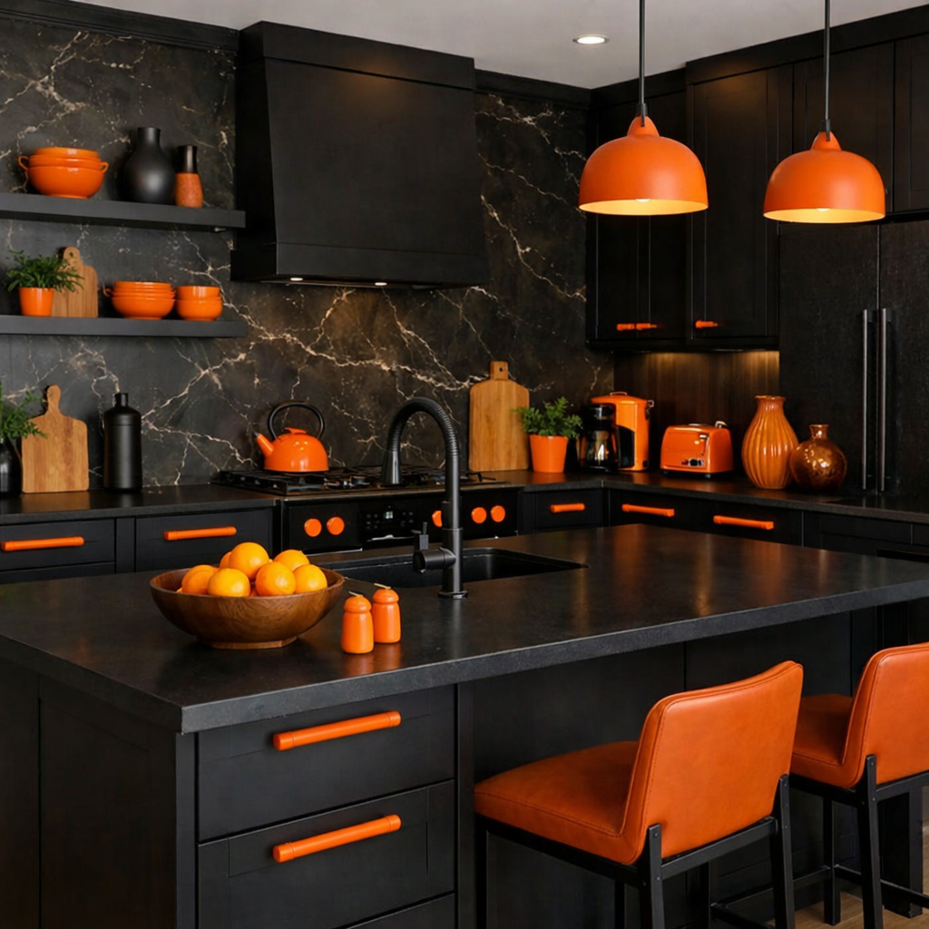 A stylish kitchen featuring black cabinets with orange accents, highlighting a modern design.