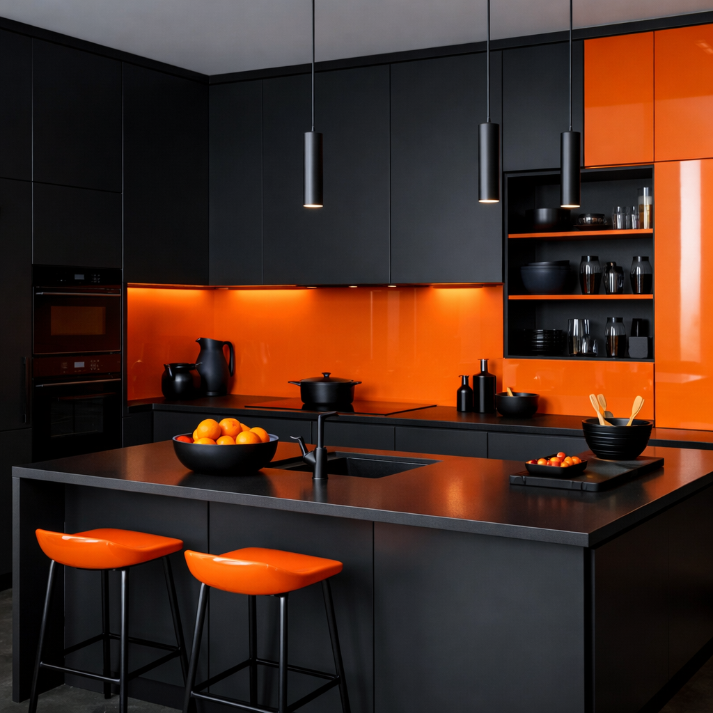 Modern black and orange kitchen showcasing a contrast of matte black cabinets and glossy orange accents
