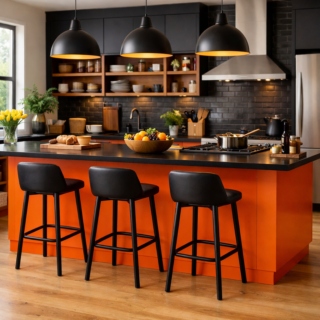 A modern kitchen featuring an orange island with black seating, black pendant lights, and a bowl of fruits.