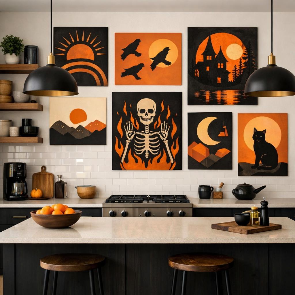 A modern kitchen featuring orange and black artwork, including a skull, landscape, and various patterns.