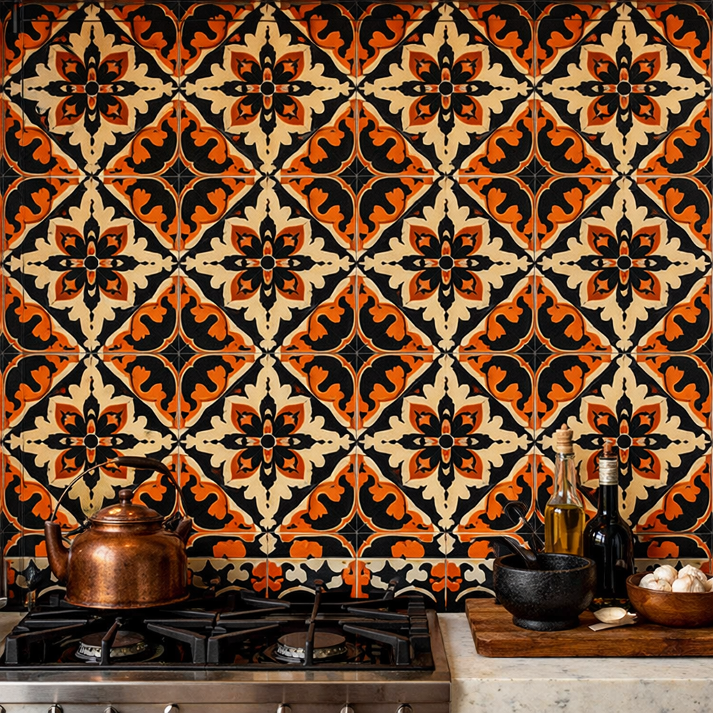 Orange and black tile pattern kitchen backsplash