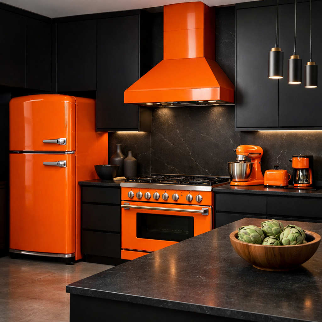 Modern kitchen with orange appliances and black cabinets