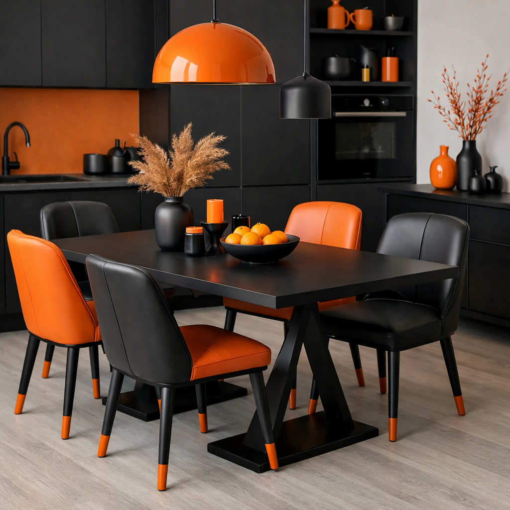 Stylish orange and black dining set in a modern kitchen