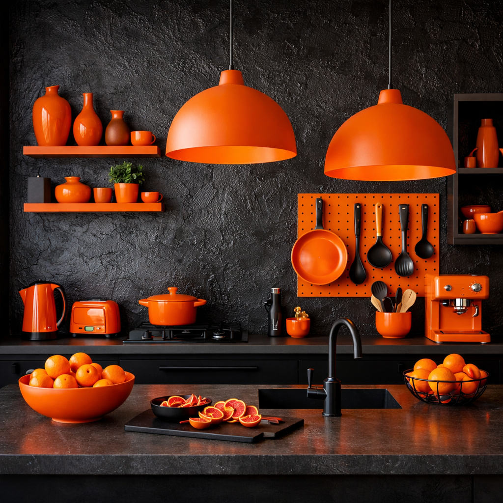 A kitchen featuring textured black walls and vibrant orange decor including bowls, appliances, and pendant lighting.