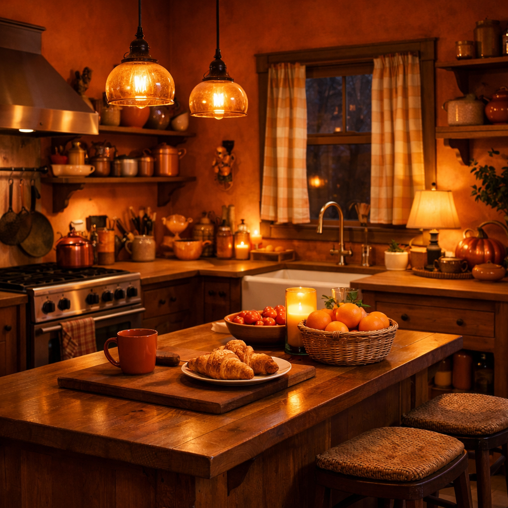 Cozy kitchen with warm lighting, orange walls, and wooden accents