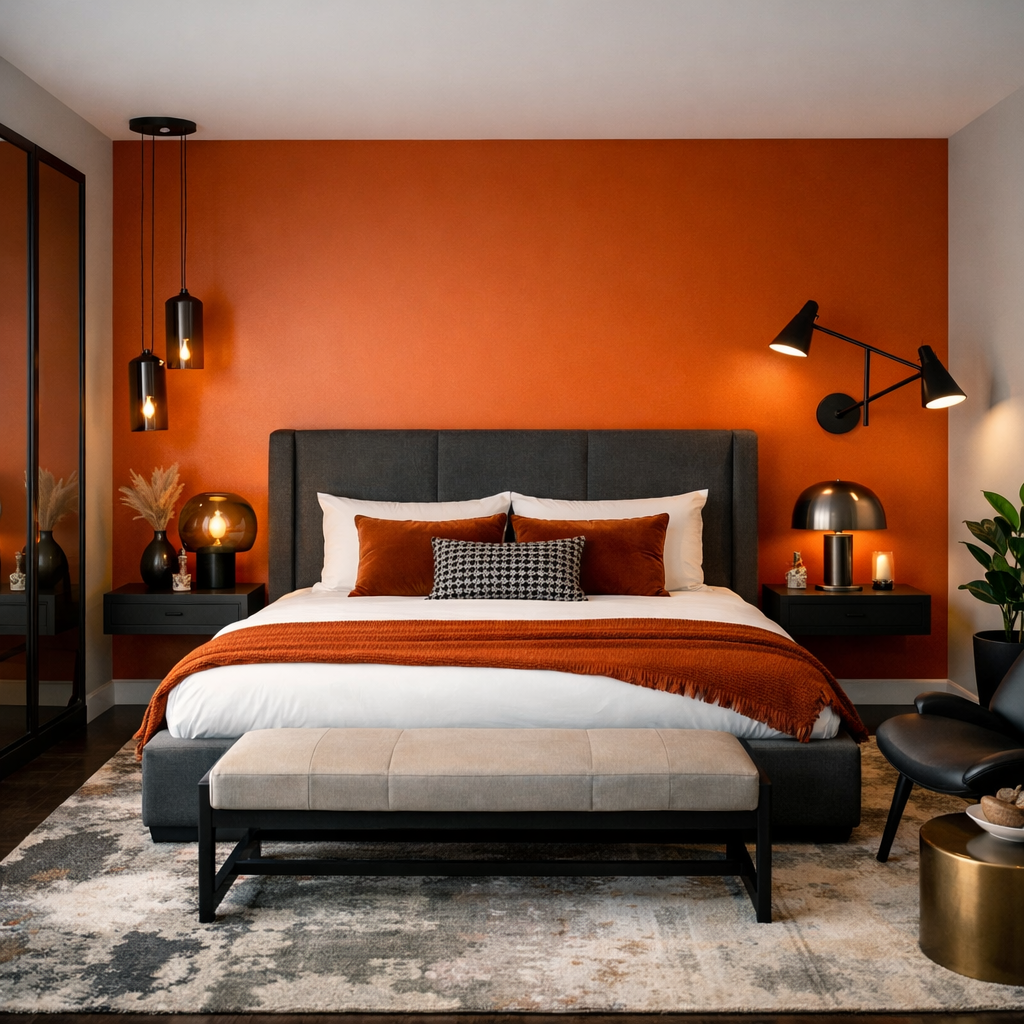 A modern bedroom featuring a bold orange accent wall.
