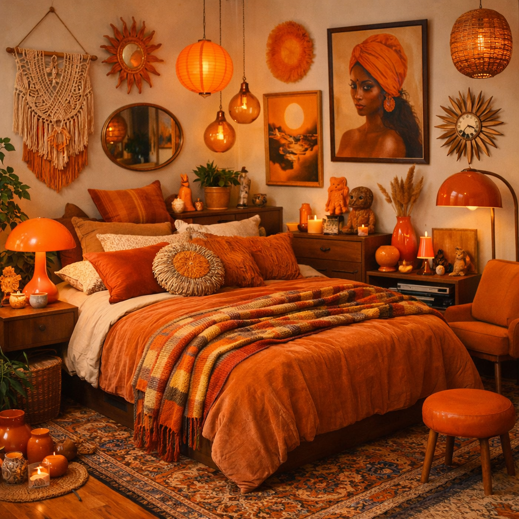 An eclectic orange-themed bedroom with various accessories and decorations including paintings, lamps, and pillows.