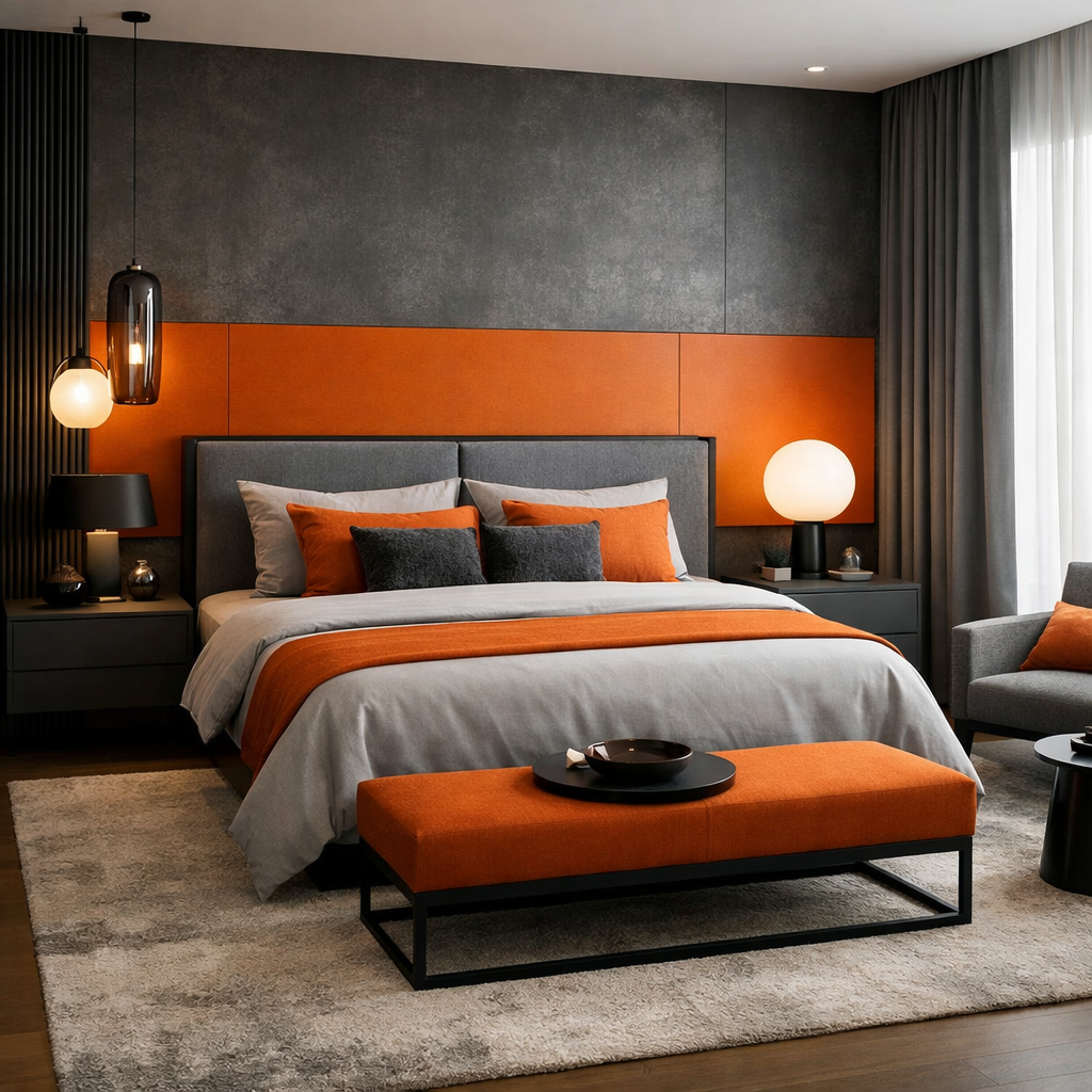 Modern bedroom design featuring orange and gray decor.