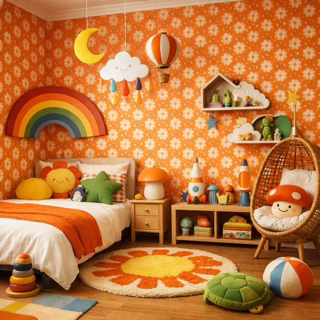 A playful orange bedroom with daisy-patterned walls, colorful decor, and cozy furniture