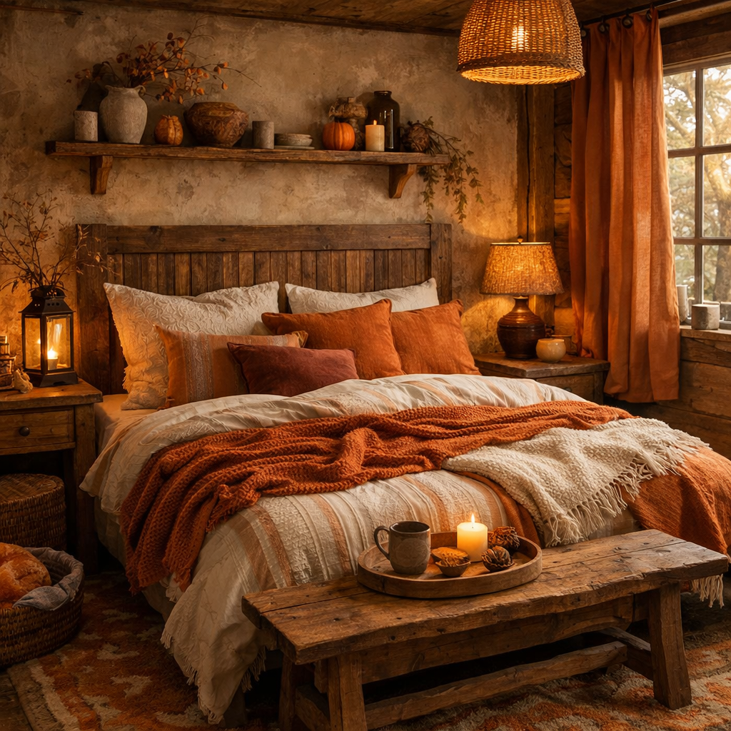 A rustic orange-themed bedroom featuring a wooden bed, cozy blankets, and warm lighting.