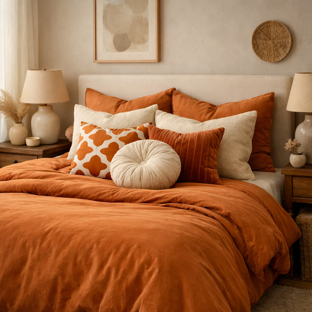 Cozy orange bedding with decorative pillows in a stylish bedroom setting
