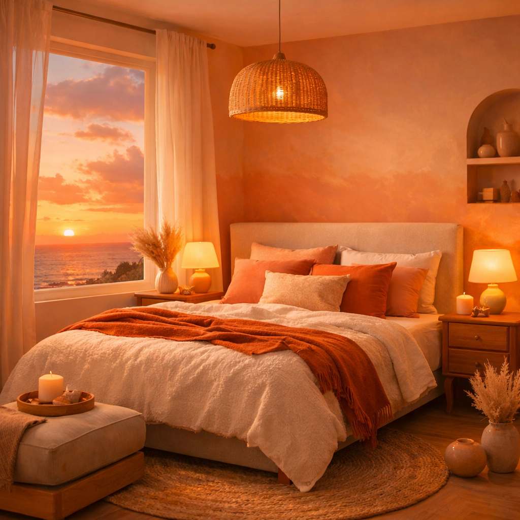 Bedroom featuring sunset-inspired colors with warm orange tones, cozy bedding, and natural decor.