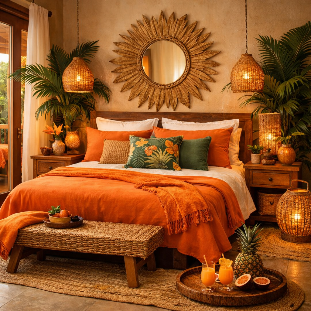 A tropical-themed orange bedroom with cozy bedding, decorative plants, and warm lighting.