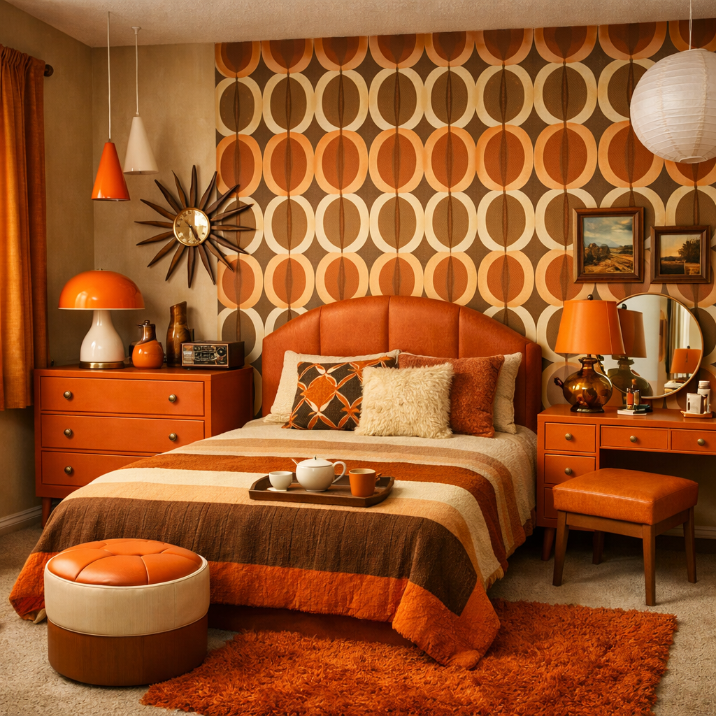 A vintage orange themed bedroom with retro furniture, patterned walls, and cozy textures.