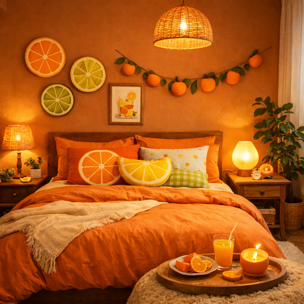 A cozy orange-themed bedroom with citrus accents, including decorative pillows, fruit wall art, and warm lighting.