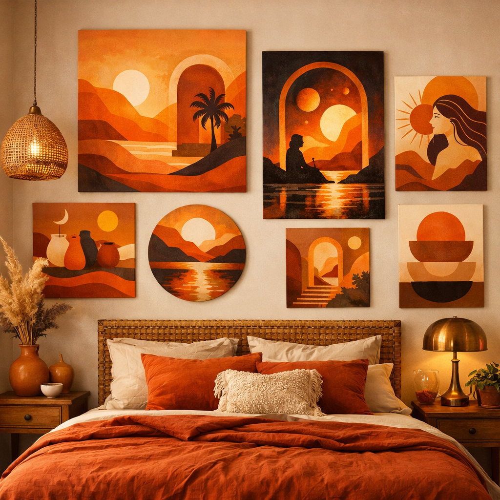 A cozy bedroom with a collection of vibrant burnt orange artwork on the wall.
