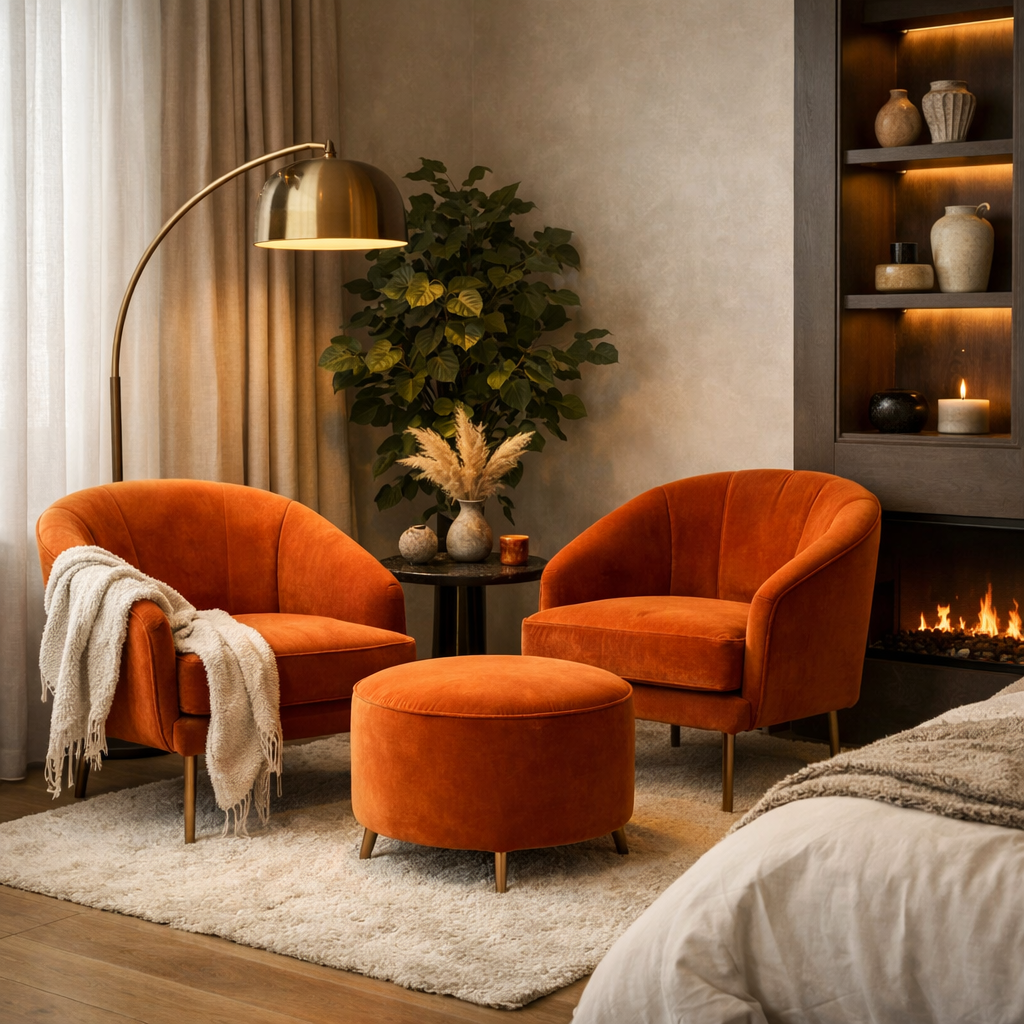 Burnt orange accent chairs and ottoman in a cozy bedroom setting