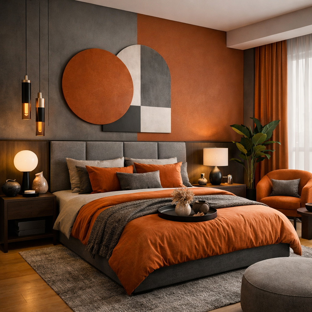 A stylish bedroom featuring a burnt orange and gray color palette with modern decor.